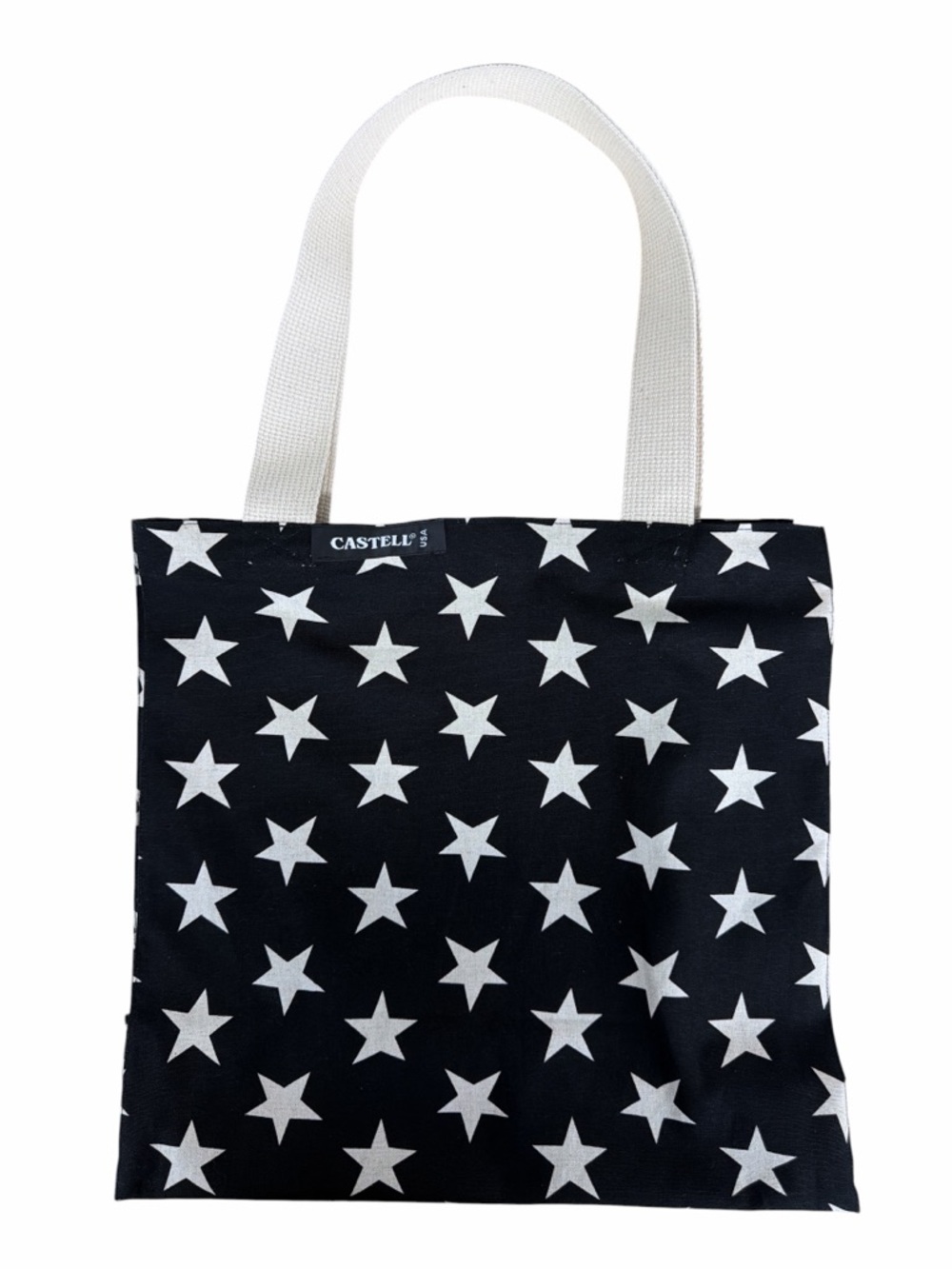 Black Star Print Canvas Tote with White Handles